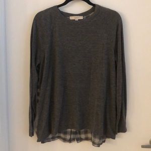 Loft Grey Mixed Media Sweater w/ Plaid Back